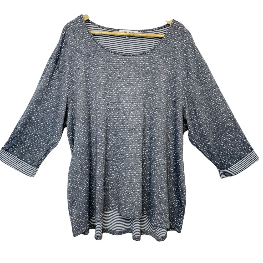 Rose & Olive Top Woman 2X Gray Print Scoop Neck Stretch Hi Low 3/4 Sleeve Casual